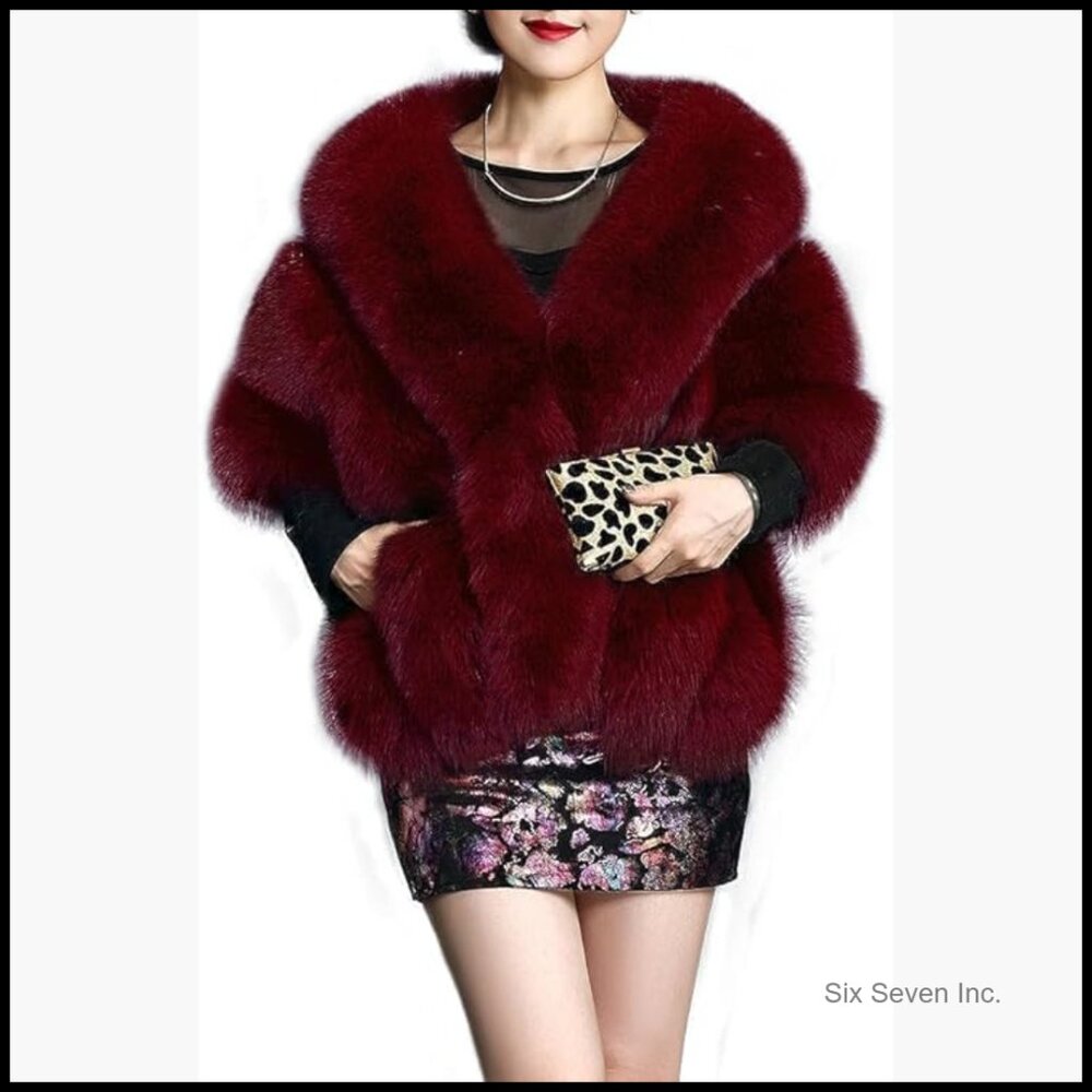 Faux Fur Long Shawl Cloak Cape for Winter Luxury Party Wear